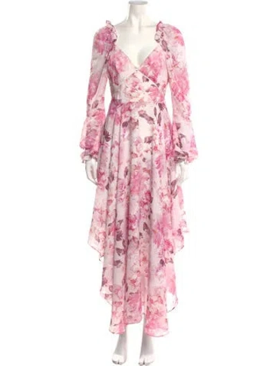 Pre-owned Sau Lee Floral Print Long Dress In Pink