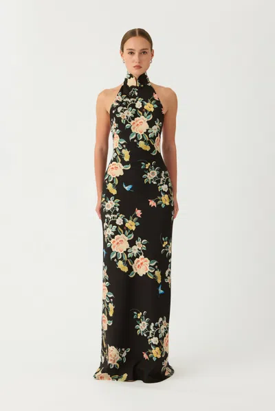Sau Lee Georgia Floral Halter Gown In Black