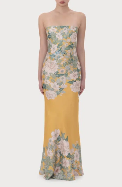 Sau Lee Hesper Floral Satin Gown In Yellow