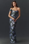 Sau Lee Jackson Asymmetric Jacquard Column Maxi Dress In Blue