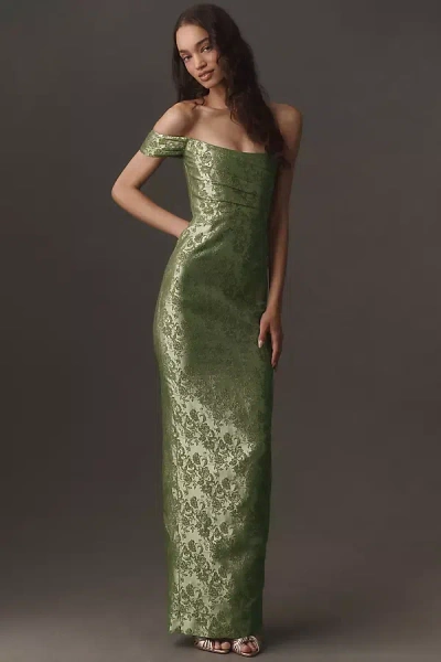 Sau Lee Jackson Jacquard Asymmetric Gown In Green
