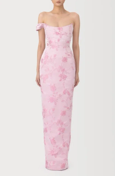 Sau Lee Jackson Metallic Floral Brocade Cateye Strapless Gown In Pink