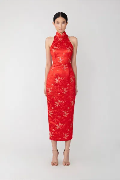 Sau Lee Jill Chinese Jacquard Pencil Dress In Red