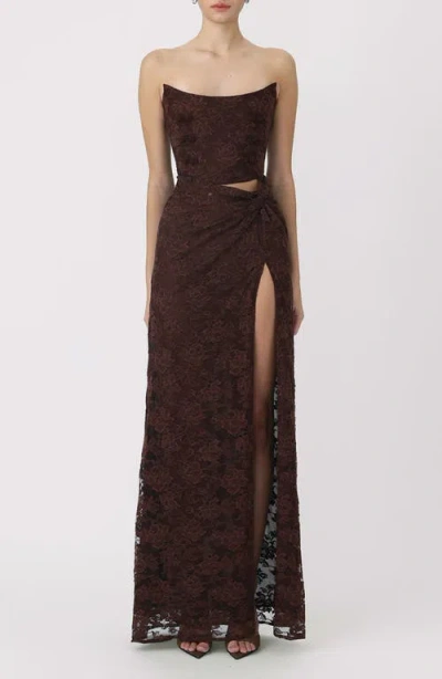 Sau Lee Julia Floral Lace Cutout Detail Cotton Blend Strapless Gown In Brown