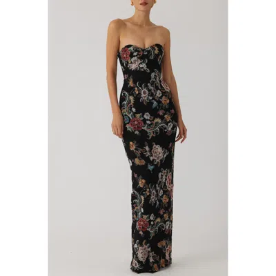 Sau Lee Maren Strapless Floral Jacquard Cotton Blend Column Gown In Black