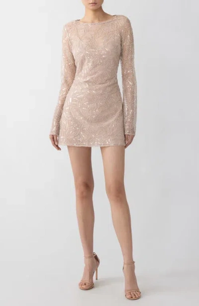 Sau Lee Odessa Beaded Floral Long Sleeve Cocktail Minidress In Beige