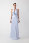 Sau Lee Satin Cowl Neck Gown In Pastel Blue