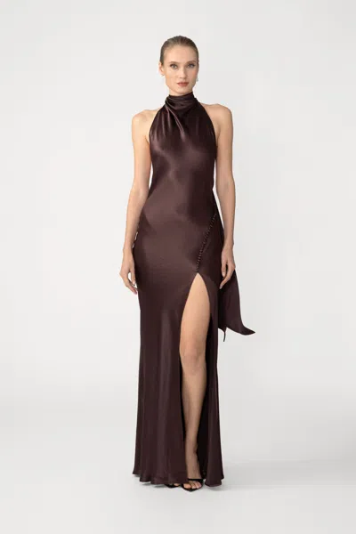 Sau Lee Penelope Backless Satin Gown In Brown