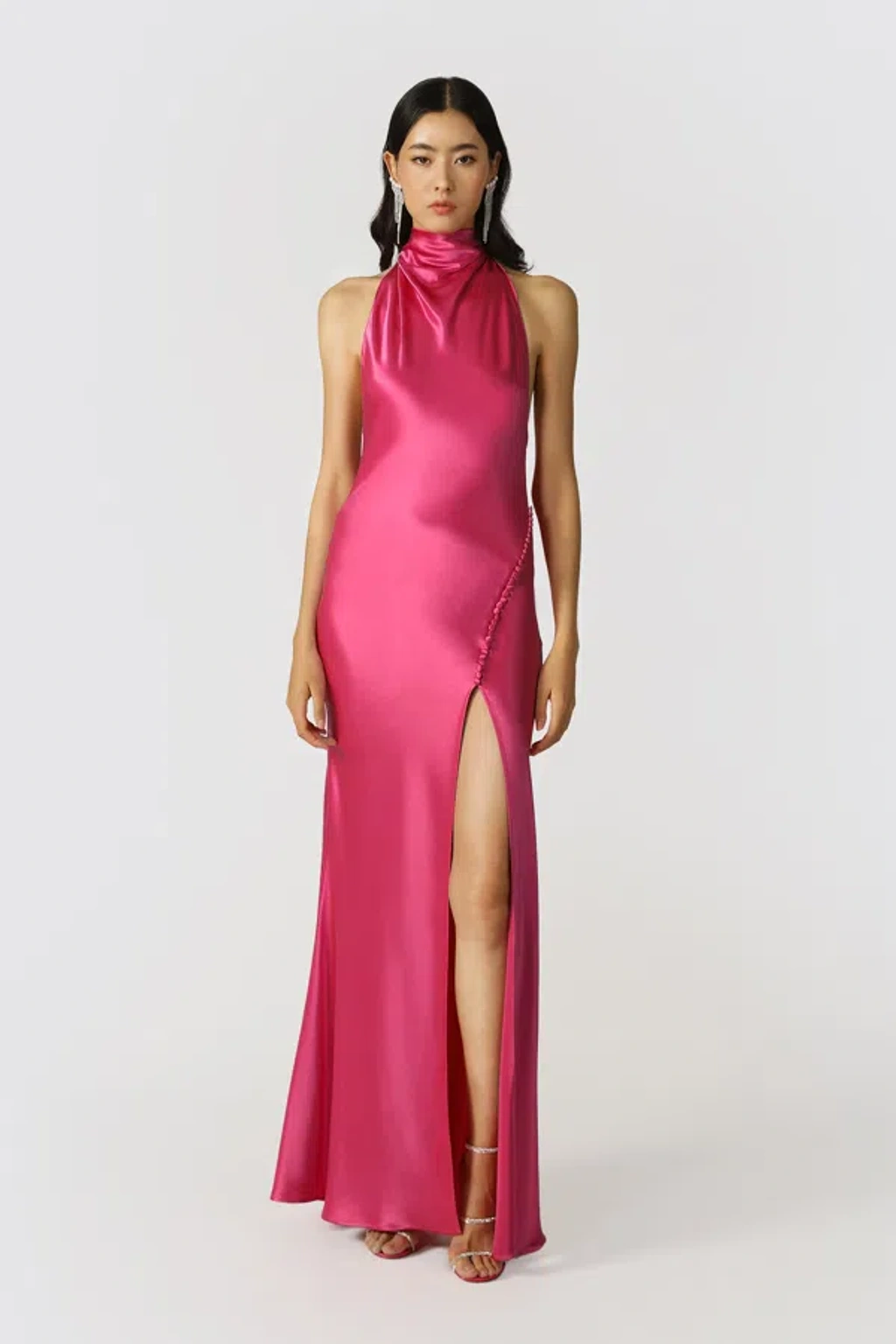 sau lee penelope high neck open back satin maxi dress High-Neck Open-Back and a large statement wings at the back of the neck. SAU LEE Penelope Backless Satin