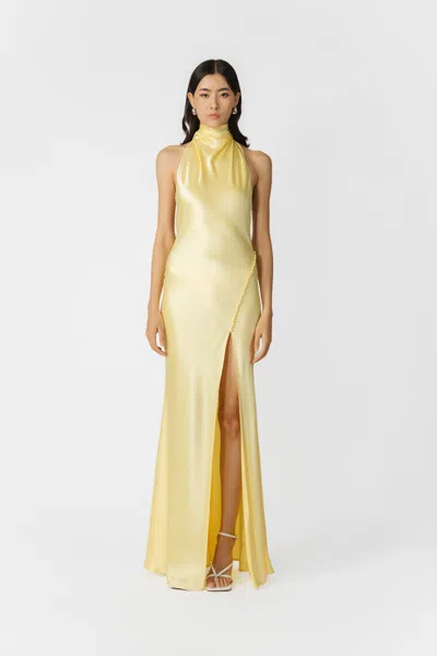 Sau Lee Penelope Satin Halter Neck Gown In Yellow