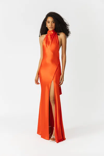Sau Lee Penelope Backless Satin Gown In Scarlet Orange