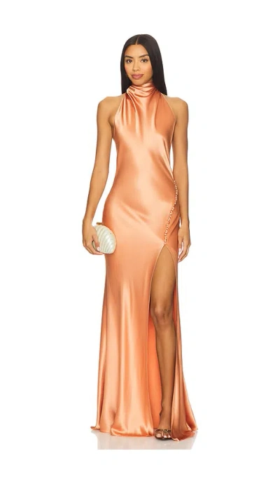 Sau Lee Priscilla Satin High-neck Column Maxi Dress In Orange