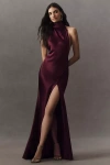 Sau Lee Penelope High-neck Backless Satin Gown In Purple