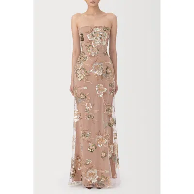 Sau Lee Pippa Floral Embellished Mesh Gown In Neutral