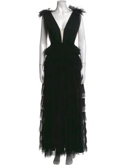Pre-owned Sau Lee Plunge Neckline Long Dress In Black