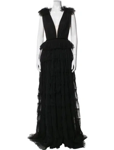 Pre-owned Sau Lee Plunge Neckline Long Dress In Black
