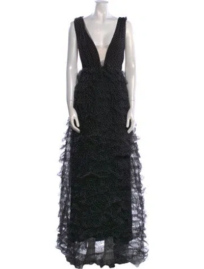 Pre-owned Sau Lee Printed Long Dress In Black