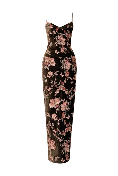 Sau Lee Rosella Embroidered Gown In Brown Multi