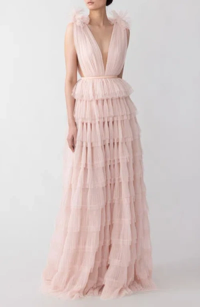Sau Lee Sabrina Plunge Neck Tiered Tulle Gown In Nude Pink