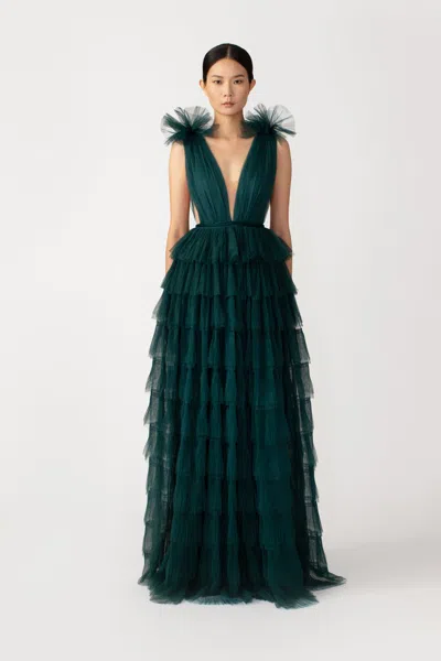 Sau Lee Sabrina Tulle Gown In Emerald