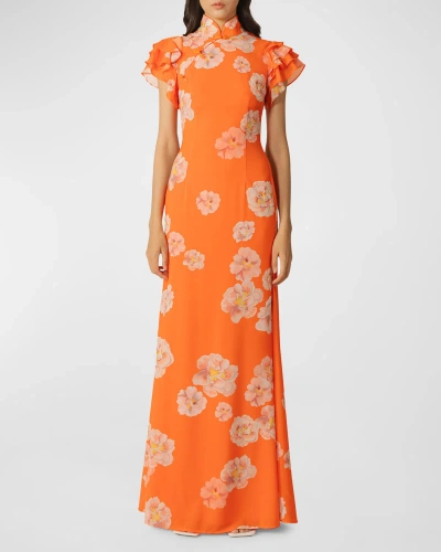 Sau Lee Sylvie Mandarin-collar Floral Chiffon Maxi Dress In Orange