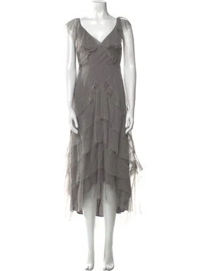 Pre-owned Sau Lee V-neck Long Dress In Gray