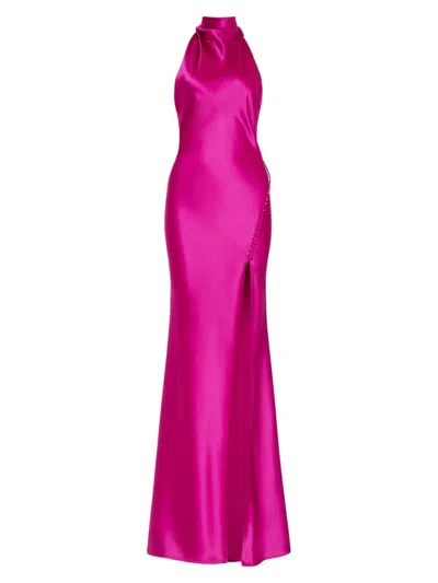 Sau Lee Women's Penelope Satin Halter Gown In Magenta Pink