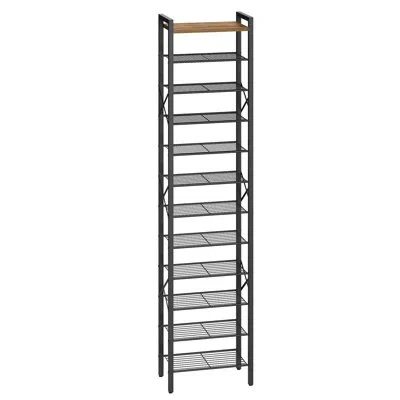 Sauder 12‑tier Narrow Tall Shoe Rack, 12‑24‑pair Slim Shoe Organizer With Wooden Top & Metal Frame For Entr In Rustic Brown + Black