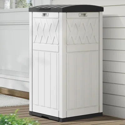 Sauder 33 Gallon Waterproof Resin Outdoor Trash Can With Fabric Bag, Tiered Lid & Drip Tray Garbage Bin For In Grayish-white