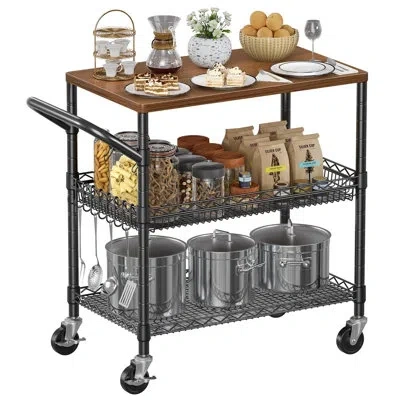 Sauder 35.5" D X 18" W 3-tier Rolling Kitchen Cart With Wheels, 650 Lbs Heavy Duty Utility Cart With Wood T In Wood-black