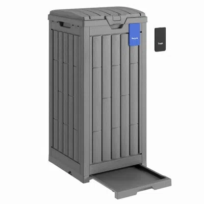 Sauder 38 Gallon Resin Trash Can With Tiered Lid & Drip Tray, Waterproof Outdoor Garbage Bin For Patio, Kit In Gray