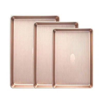 Sauder 3-piece Nonstick Baking Sheet Pan Set, 0.6mm Thick Heavy Duty Cookie Sheets With Stripe Texture Patt In Champagne Gold