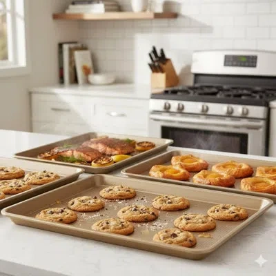 Sauder 3-piece Nonstick Baking Sheet Pan Set, Heavy Duty Rust Resistant Non-toxic Carbon Steel Cookie Sheet In Gold