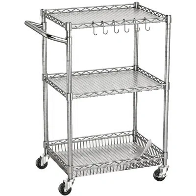Sauder 3-tier Heavy Duty Adjustable Rolling Metal Utility Cart With Wheels, 750 Lbs Capacity Commercial Ser In Silver