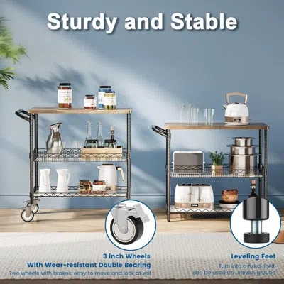 Sauder 3-tier Heavy Duty Nsf Rolling Kitchen Cart, 34.75" X 17.5" Metal Serving Cart With Wood Top, Wheels, In Wood-black