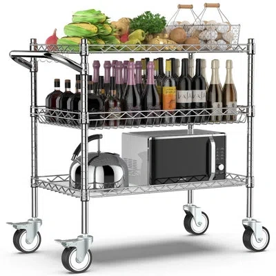 Sauder 3-tier Heavy-duty Nsf Commercial Metal Rolling Utility Cart With Wheels, Handle And Shelf Liner, Mul In Matte Chrome