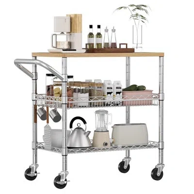 Sauder 3-tier Rolling Kitchen Cart On Wheels, Heavy Duty Nsf Commercial Utility Cart With Wood Tabletop, Me In Light Wood