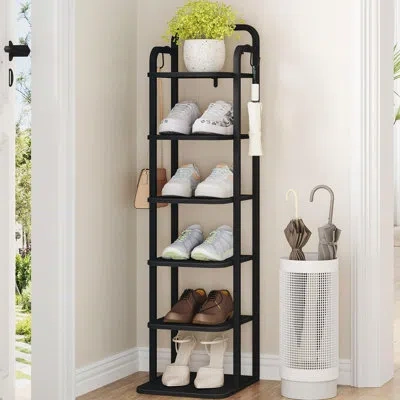 Sauder 6‑tier Vertical Tall Shoe Rack, Shoe Storage Shelf With 2 Hooks For Small‑space Storage In Black