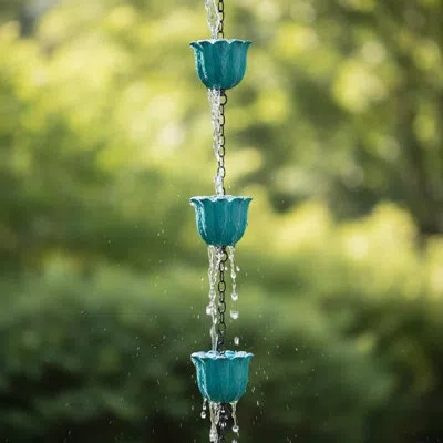 Sauder 8 Ft Adjustable 10 Lotus Cup Rain Chain With Bell, Decorative Downspout Replacement For Outdoor Gutt In Blue