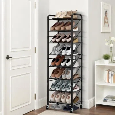 Sauder 8‑tier Narrow Shoe Rack, 30‑pair Shoe Organizer With Lockable Wheels And Double‑sided Vinyl Mesh She In Black