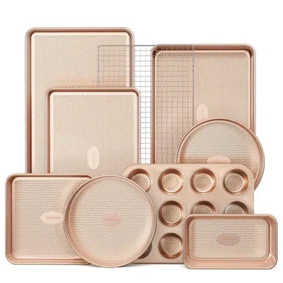 Sauder 9-piece Nonstick Bakeware Set, Stackable Non-toxic Diamond Texture Oven Baking Pans, Includes Cookie In Champagne Gold