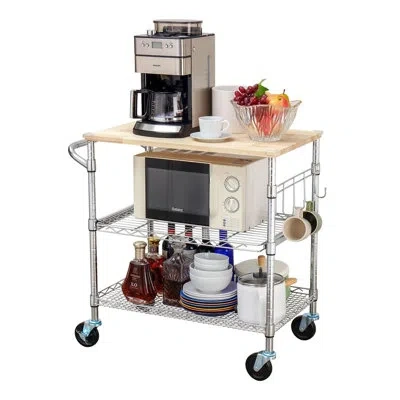 Sauder Chrome 3-tier Rolling Kitchen Island Cart, 18" D X 30" W Oak Wood Top Cart With 4" Wheels, Slider Sh