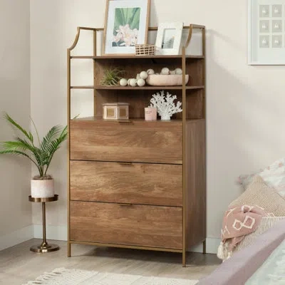 Sauder International Lux Bedroom Chest Of Drawers With Shelves In Sindoori Mango