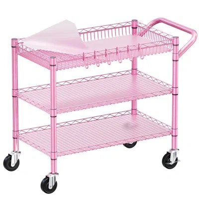 Sauder Pink Nsf 3-tier Rolling Utility Cart, 990 Lbs Heavy Duty Metal Trolley With Handle & Shelf Liners Fo