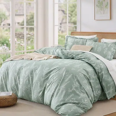 Sauder Queen Size Reversible Floral Duvet Cover Set, 3 Piece Botanical Microfiber Bedding Set With Zipper C In Green
