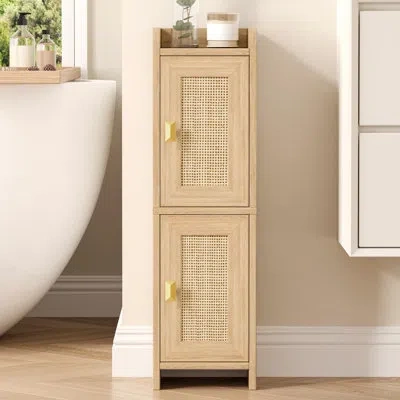 Sauder Rattan Narrow Bathroom Storage Cabinet, Slim Corner Toilet Paper Organizer With Adjustable Shelf In Natural Oak