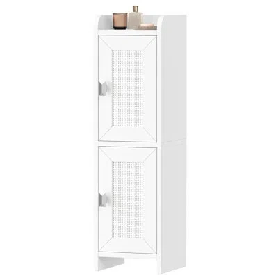 Sauder Rattan Narrow Bathroom Storage Cabinet, Slim Corner Toilet Paper Organizer With Adjustable Shelf In White Rattan
