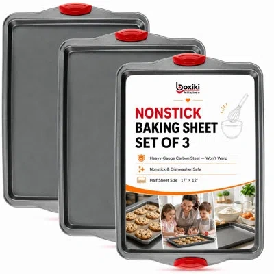 Sauder Set Of 3 Premium Nonstick Rimmed Half Baking Sheet Pans, Heavy-gauge Carbon Steel Cookie Trays, Non- In Red + Grey