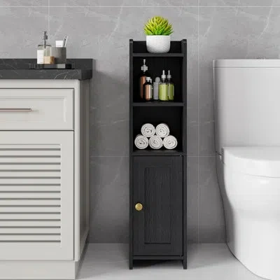 Sauder Small Corner Bathroom Storage Cabinet, Narrow Freestanding Toilet Paper Organizer With Door And Adju In Black