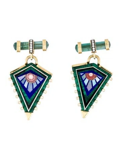 Pre-owned Sauer 18k Multi-stone & Diamond Mosaic Drop Earrings In Multicolor